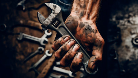 Close up of a man's hand holding a wrench. Dark background.の素材