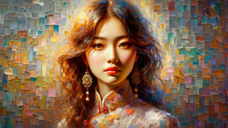 Portrait of a female mannequin with red hair and multicolored backgroundの素材