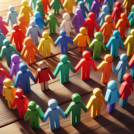 Group of colorful people figures on wooden background. Teamwork concept.の素材