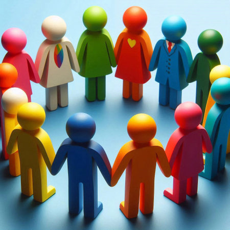 Teamwork concept. Colorful figures of people stand in a circleの素材