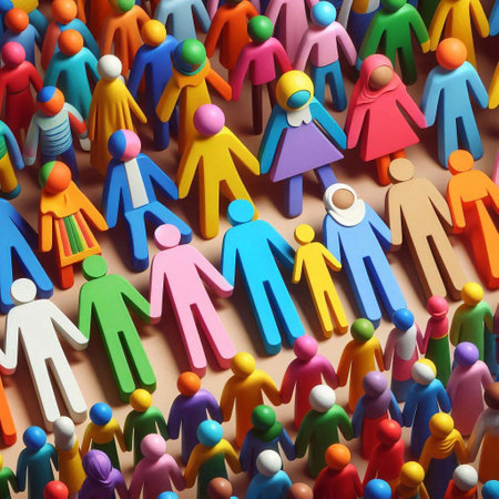 Group of colorful plastic people in a circle. Social network concept.の素材