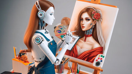Close up of a robot working on a painting of a young womanの素材