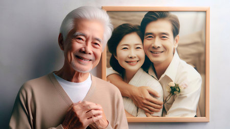 Happy asian senior couple and their grandchild looking in the mirrorの素材