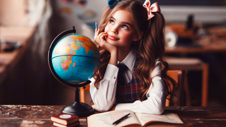 Portrait of a beautiful little girl with a globe in her hands.の素材