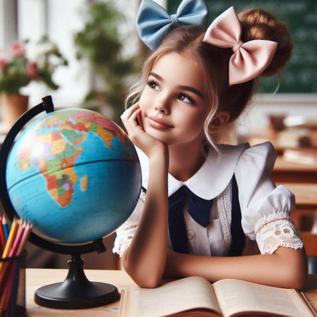 Portrait of a cute schoolgirl with a globe and books.の素材
