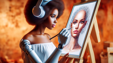 Beautiful african american woman in headphones with a picture in her hands.の素材