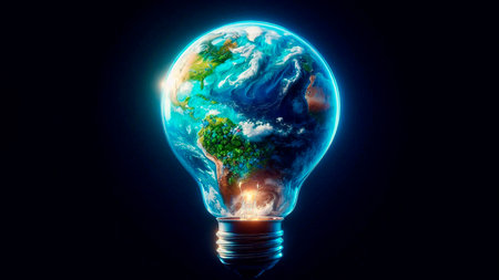 Earth planet glowing in light bulb. Elements of this image are furnishedの素材