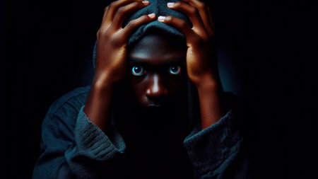 Young african american woman in hoodie posing on black backgroundの素材