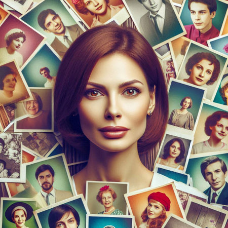 Portrait of beautiful young woman with many photos on her face.の素材