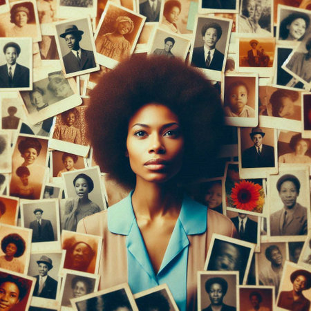 Young african american woman with afro hairstyle and many photos.の素材