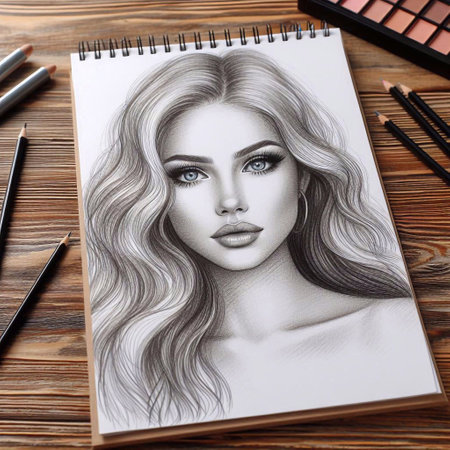 Beautiful young woman with makeup palette on wooden table, closeupの素材