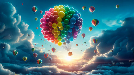 Colorful aerostats flying high in blue sky. Mixed mediaの素材