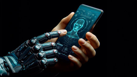 Robot hand holding mobile phone with hologram face on screen. 3D renderingの素材