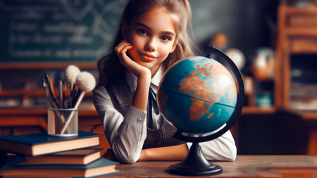 Portrait of a schoolgirl with a globe in the classroom.の素材