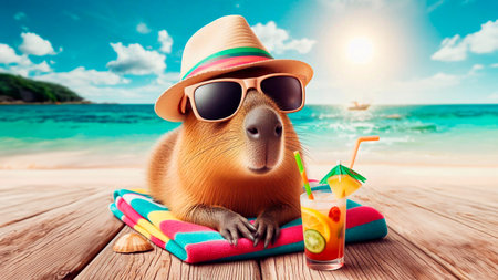 Dog in sunglasses and hat with cocktail on the beach. Collage.の素材