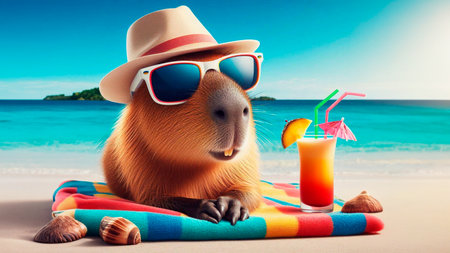 Cute hamster in hat and sunglasses on the beach. Collage.の素材