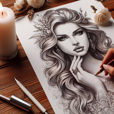 Beautiful woman face painting, pencils and flowers on wooden tableの素材