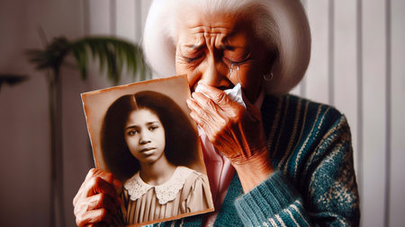 Elderly woman looking at an old photo in her hands.の素材