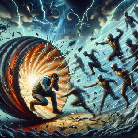 3D Illustration of a man running in the center of a tornadoの素材