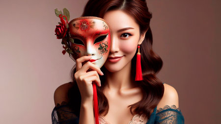 beautiful asian woman with venetian mask and red candleの素材