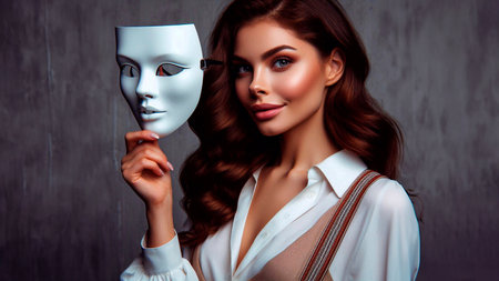 Portrait of beautiful young woman with white mask on gray background.の素材