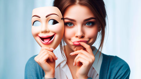 Young woman with mask on her face at home. Concept of human emotions.の素材