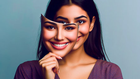 Portrait of a smiling young woman with eye patches on her faceの素材