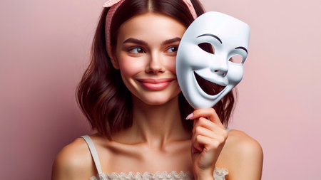 Portrait of a beautiful girl with a mask on a pink backgroundの素材