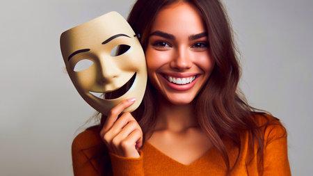 Portrait of a beautiful young woman holding a mask with theater conceptの素材
