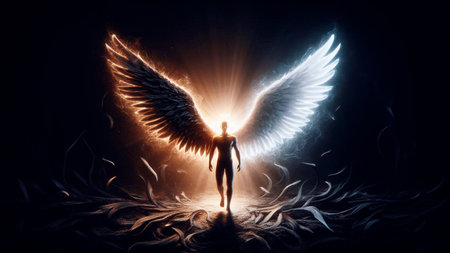 Angel woman with wings on dark background. Mixed media. Mixed mediaの素材