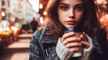 Beautiful young woman with a cup of coffee on the street.の素材