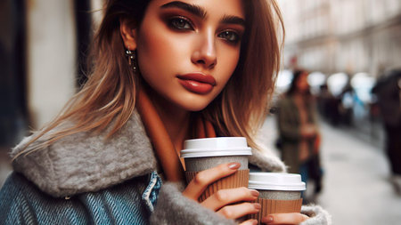 fashion outdoor photo of beautiful sensual woman with blond hair in elegant clothes and accessories posing with paper cup of coffeeの素材