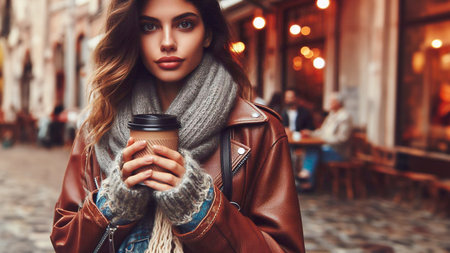 Beautiful young woman with a cup of coffee in the city.の素材