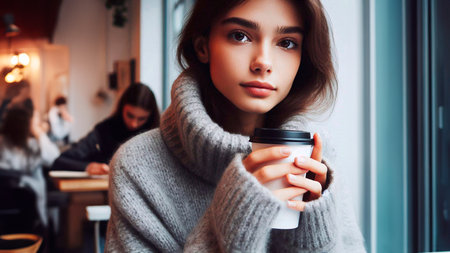 Portrait of a beautiful young woman in a cafe with a cup of coffeeの素材