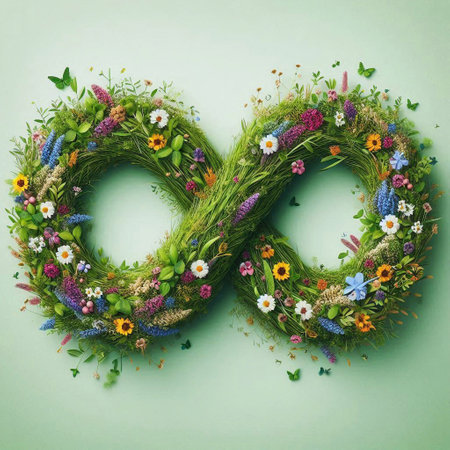 Floral infinity sign made of wild flowers and grass on green backgroundの素材
