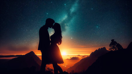 Silhouette of romantic couple kissing on the top of mountain at nightの素材