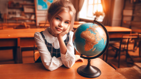Cute little girl in school uniform sitting at the table and holding a globeの素材
