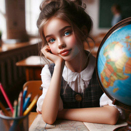 Portrait of a beautiful little girl in school uniform with a globe.の素材