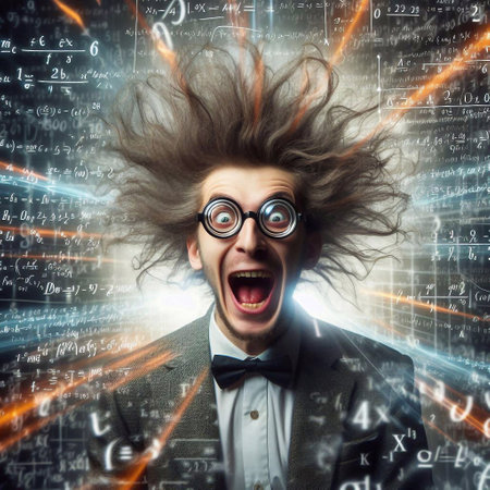 Funny man with crazy hair in front of blackboard full of formulasの素材