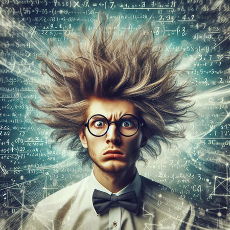Funny man with flying hair and mathematical formulas on chalkboard backgroundの素材