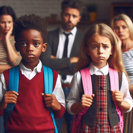 Portrait of sad schoolgirl looking at camera while her classmates standing behindの素材