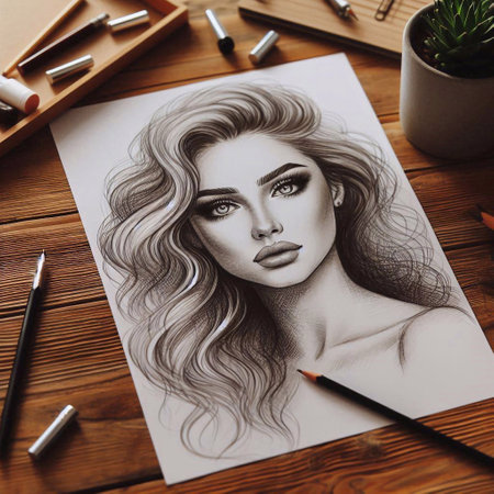 Beautiful woman portrait on a wooden table. Close-up.の素材