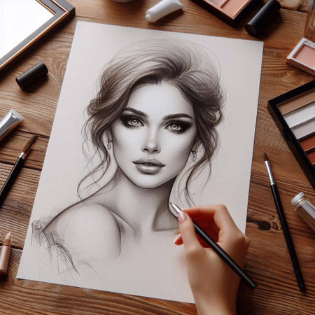 top view of female hand with pencil drawing beautiful woman face on paperの素材