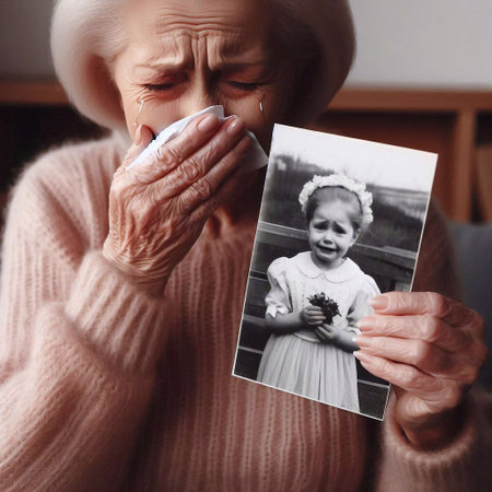 Elderly woman suffering from headache and holding photo of her daughterの素材