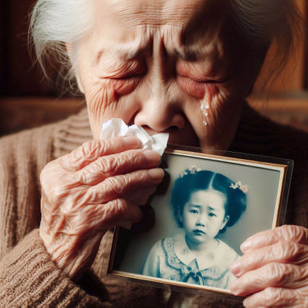 Elderly woman suffering from headache and holding photo of her daughter.の素材
