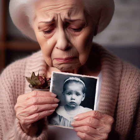 Portrait of an elderly woman with a photo in her hands.の素材