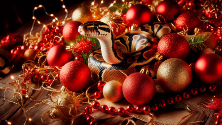 snake and christmas decorations on a wooden background, close upの素材