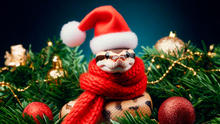 snake in a red scarf and hat on the background of Christmas treeの素材
