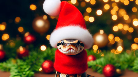 snake in santa hat on bokeh christmas backgroundの素材