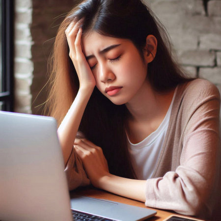 Portrait of a young Asian woman using laptop computer at home.の素材